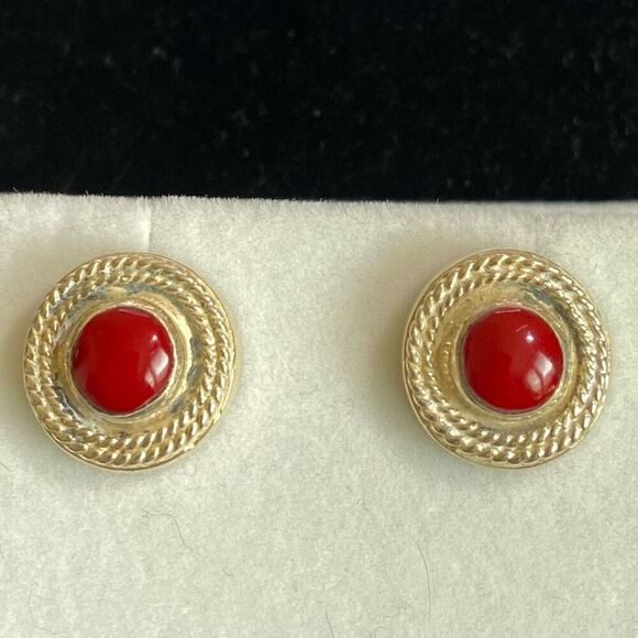 AIM # Sterling 925 Silver & Red Agate Vintage Stud Earrings - Picture 3 of 4